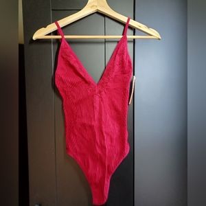 Colsie Women's Ribbed Crochet Red Thong Bodysuit Size M NWT